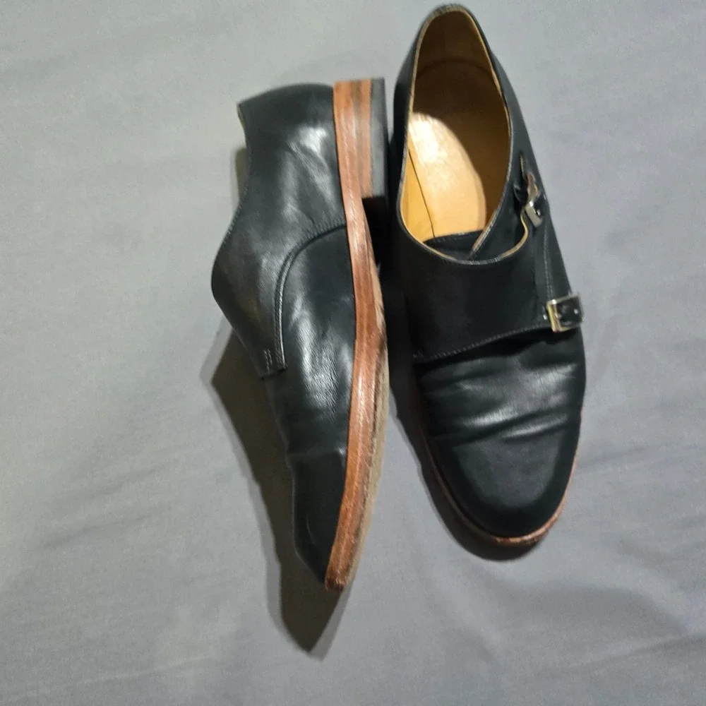 Belmore Australia Double Monk Strap Shoes 8 Black Leather Buckle Flat Loafers